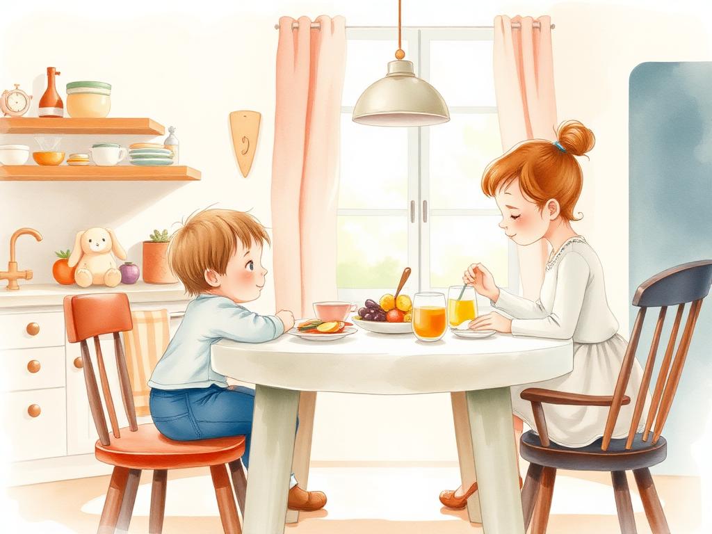 Sample storybook spread: child eating breakfast with family