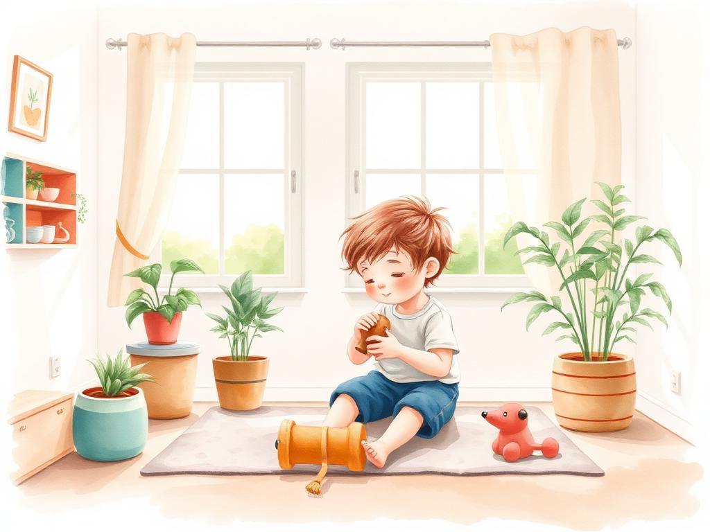 Sample storybook spread: child playing kindly with sibling