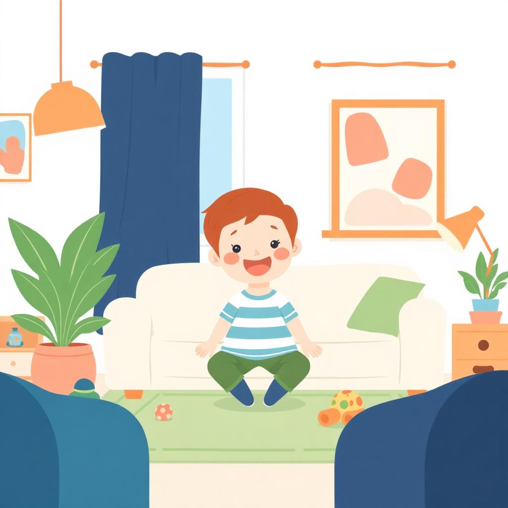 Flat vector illustration of a child in a cartoon living room