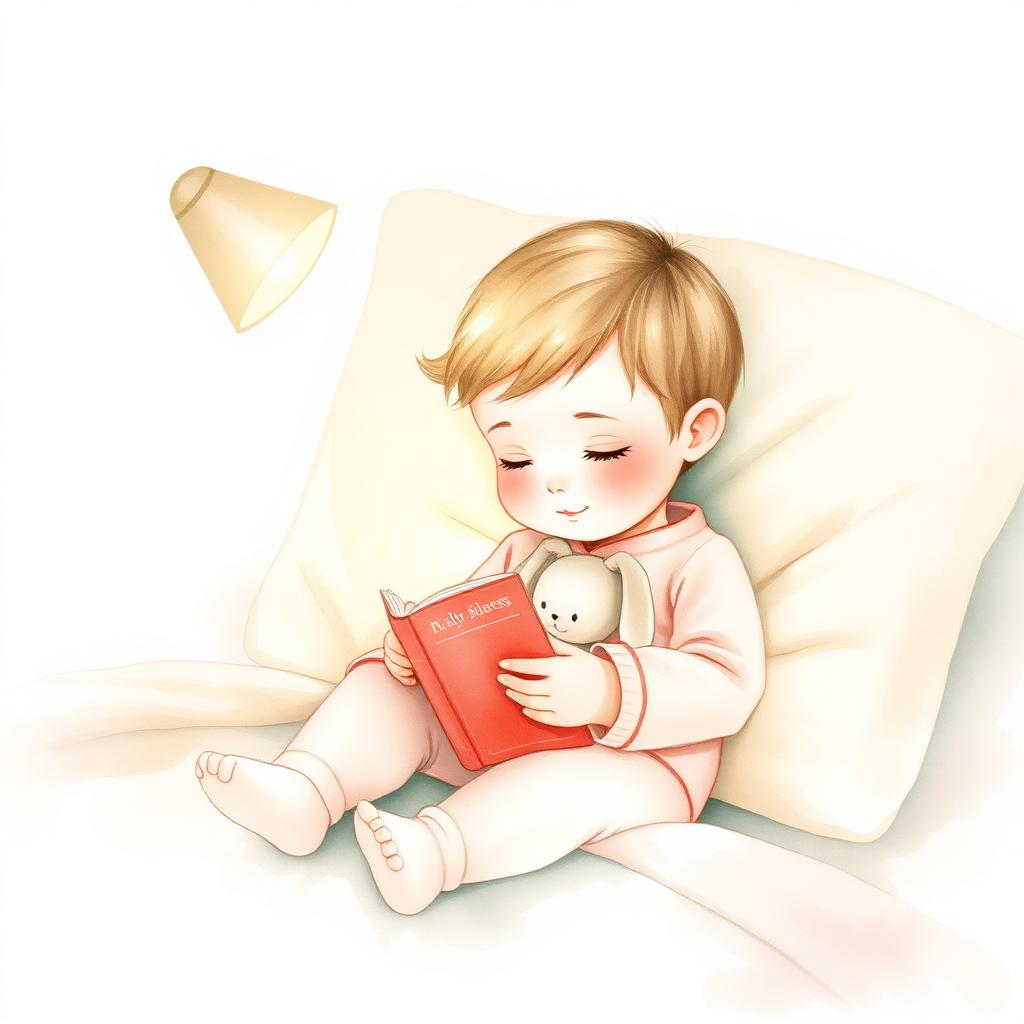 Watercolor illustration of a child in pajamas reading a book
